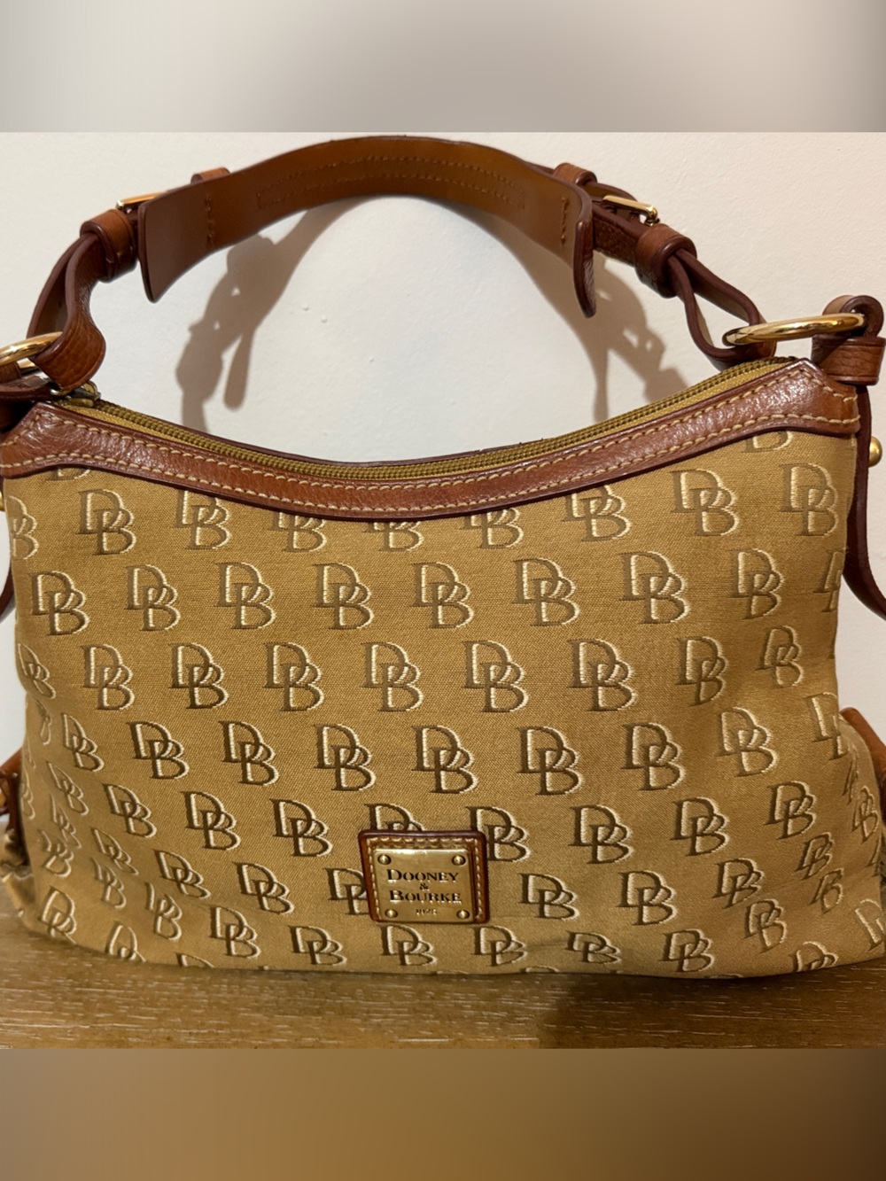 Tan Dooney & Bourke DB Monogram Canvas Hobo Shoulder Bag with Brown Leather Trim